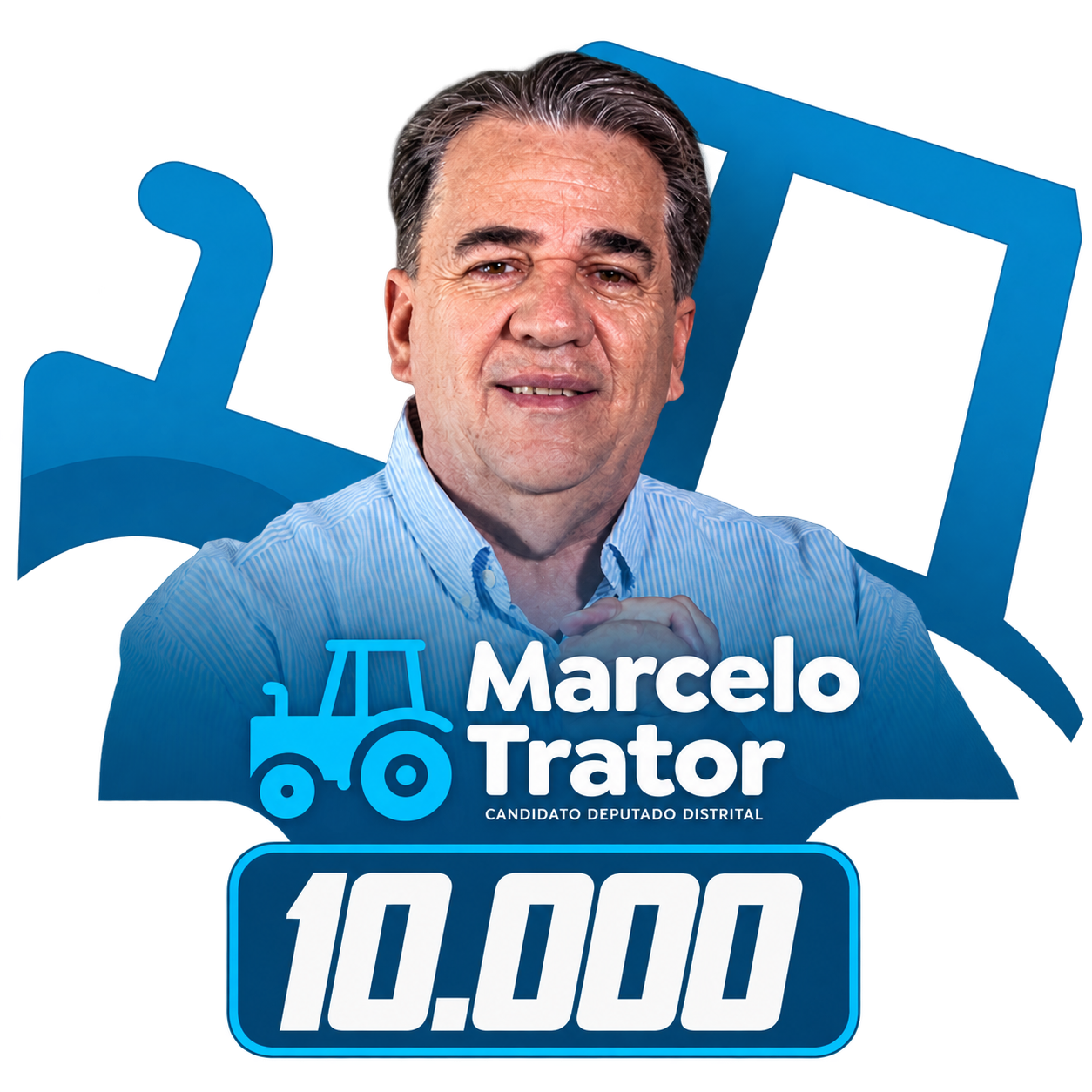 Retrato de Marcelo Trator com identidade visual azul e o número 10.000